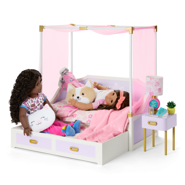 All Set for Sleepovers Canopy Bed & Nightstand for 18-inch Dolls